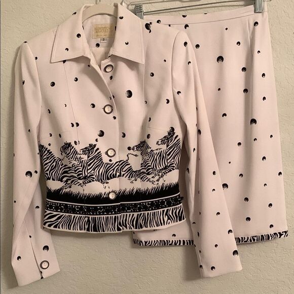 VTG Alberto Makali Zebra Print Blazer and Skirt Set White Black Size 2 - Picture 1 of 11